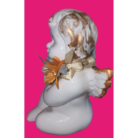 White & Gold Ceramic Angel Figurine With Floral Bow Details - Picture 4 of 9